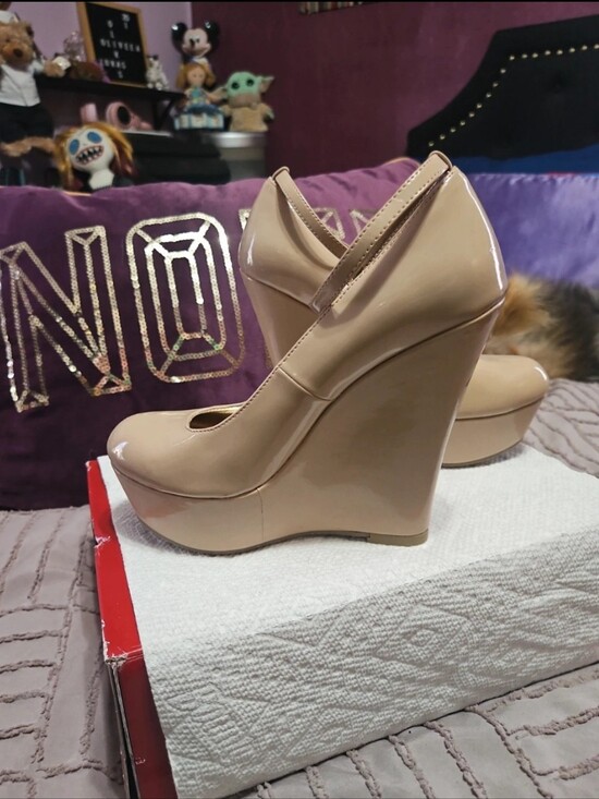 Bethany Mota Shoes - Bethany Mota Nude Patent Platform Wedge Pumps
